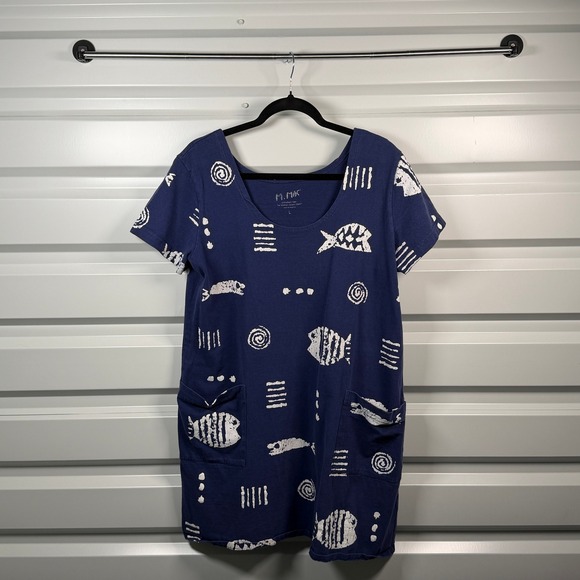 M. MAC Dresses & Skirts - M. MAC Navy Blue Fish Print Cotton T-Shirt Dress Pockets Vermont Country Store L